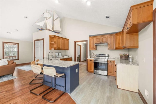 kitchen with visible vents, brown cabinetry, stainless steel range with electric cooktop, open shelves, and a sink