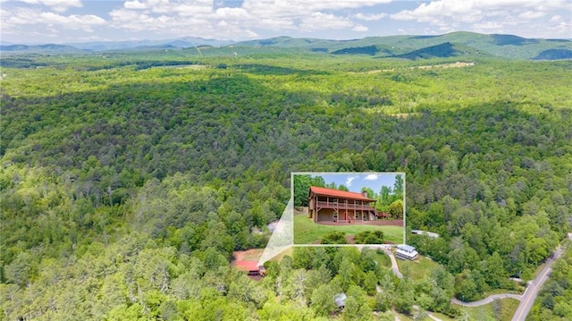 birds eye view of property featuring a mountain view and a forest view