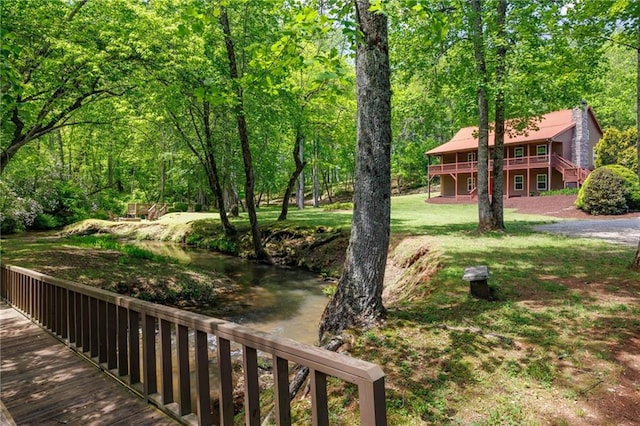 view of yard with a water view