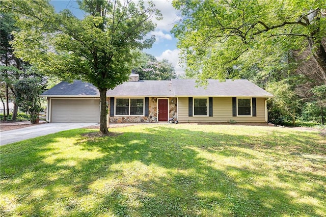 2753 Fireside Ct SE, Marietta, GA 30067 - single story home featuring a garage, driveway, a front lawn, a chimney, and stone siding