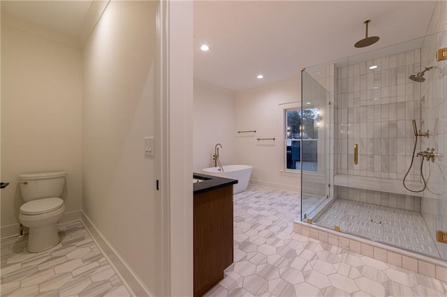 full bath featuring a stall shower, baseboards, ornamental molding, and a freestanding bath