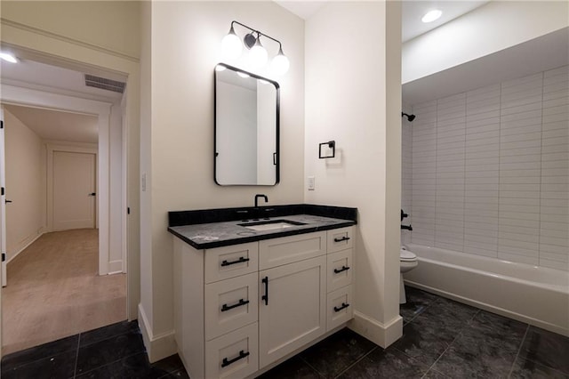 full bathroom with visible vents, baseboards, toilet, shower / tub combination, and vanity