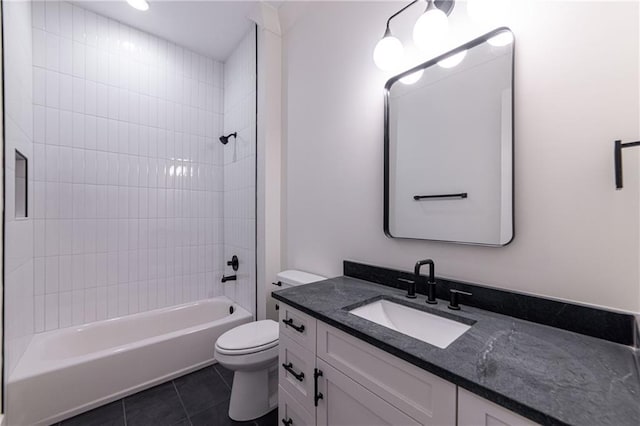 full bathroom with toilet, tile patterned flooring, vanity, and bathing tub / shower combination