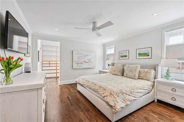 bedroom featuring baseboards, recessed lighting, crown molding, and dark wood-style floors