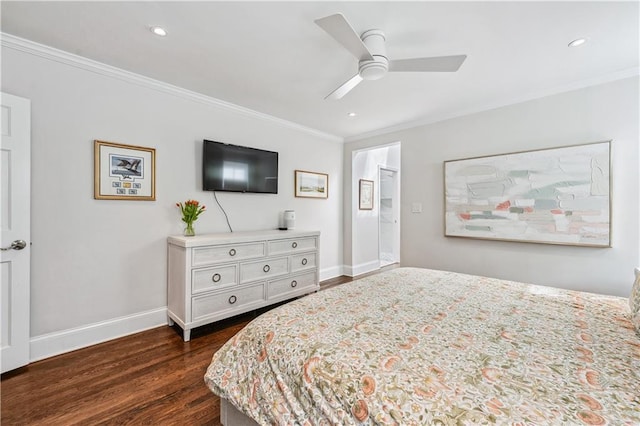 bedroom with ornamental molding, recessed lighting, ceiling fan, dark wood-style floors, and baseboards