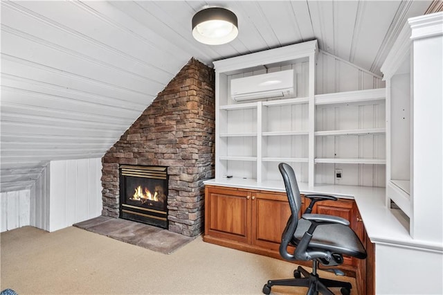 carpeted office space with vaulted ceiling, a wall mounted air conditioner, and a fireplace