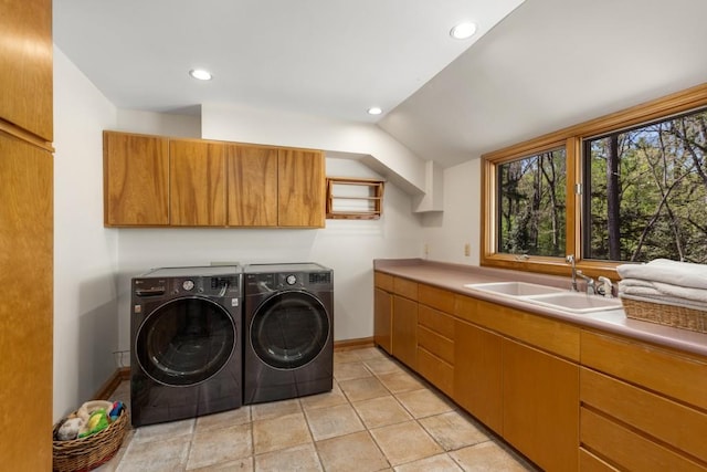 6525 Old Riverside Dr NW, Sandy Springs, GA 30328 - clothes washing area with recessed lighting, a sink, washing machine and clothes dryer, cabinet space, and baseboards