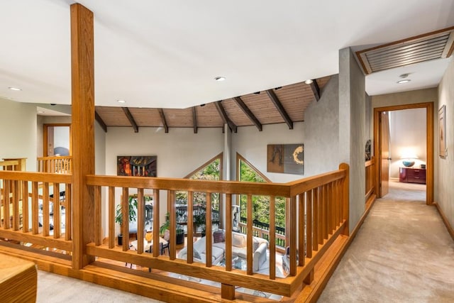 6525 Old Riverside Dr NW, Sandy Springs, GA 30328 - corridor featuring beamed ceiling, recessed lighting, carpet floors, and wood ceiling