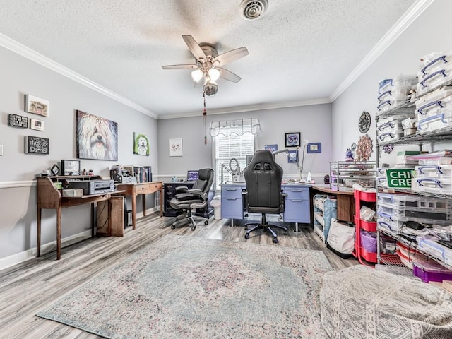 106 Warwick Way SE, Rome, GA 30161 - office area with wood finished floors, ceiling fan, crown molding, and a textured ceiling