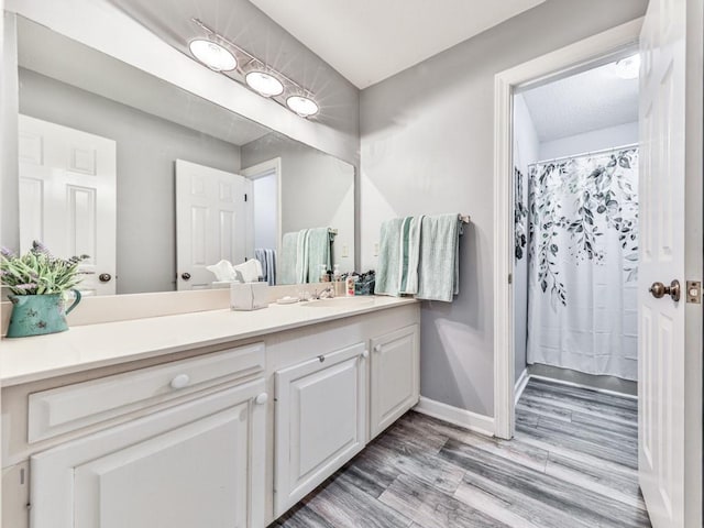 106 Warwick Way SE, Rome, GA 30161 - bathroom with wood finished floors, vanity, and curtained shower