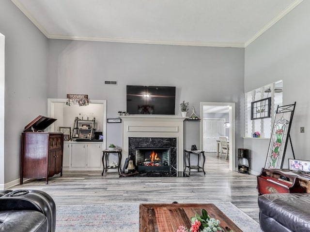 106 Warwick Way SE, Rome, GA 30161 - living area featuring crown molding, light wood finished floors, a premium fireplace, and a high ceiling