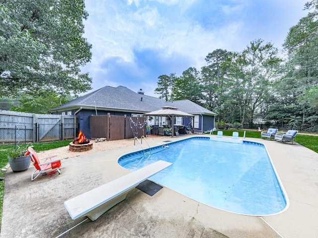 106 Warwick Way SE, Rome, GA 30161 - view of swimming pool featuring a gazebo, a fire pit, a gate, a patio, and a diving board