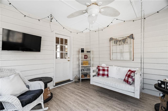 4286 Pool Rd, Winston, GA 30187 - sitting room featuring wood finished floors, a ceiling fan, and wooden walls