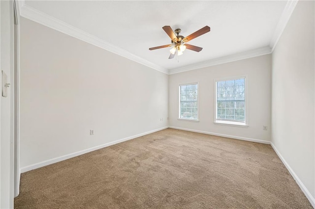 spare room featuring ornamental molding, carpet floors, and ceiling fan