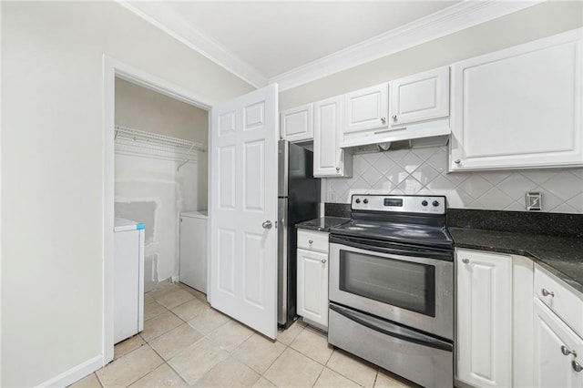 kitchen with washer / clothes dryer, white cabinetry, backsplash, stainless steel appliances, and crown molding