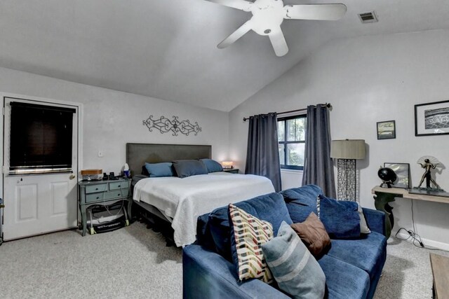 bedroom with carpet floors, vaulted ceiling, and ceiling fan