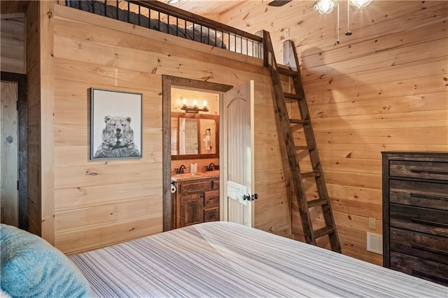 bedroom with wooden walls