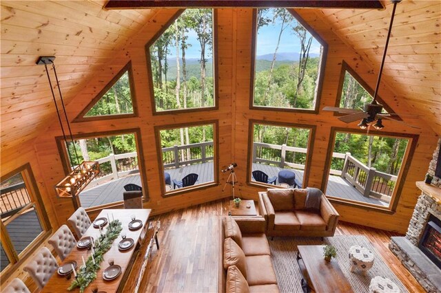 unfurnished living room with wooden walls, wood ceiling, a fireplace, high vaulted ceiling, and beam ceiling