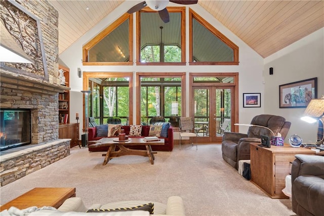 living room with high vaulted ceiling, a fireplace, wooden ceiling, and carpet flooring