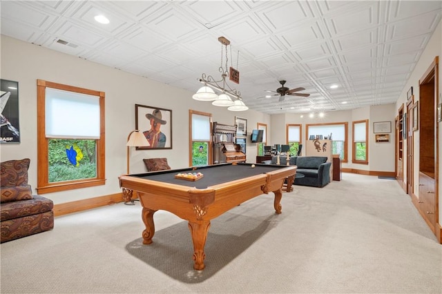 recreation room with billiards, light colored carpet, and ceiling fan