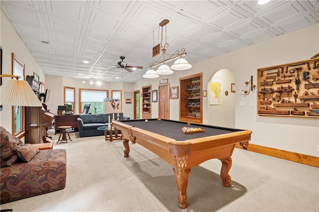 recreation room with carpet, ceiling fan, and billiards