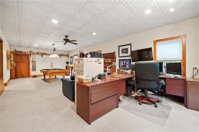 home office with light carpet, ceiling fan, and billiards