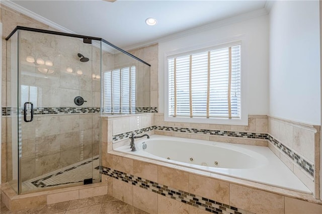 bathroom with tile patterned flooring, crown molding, and shower with separate bathtub