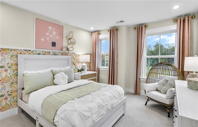 5230 Hyde Rd, Cumming, GA 30040 - bedroom with light colored carpet, baseboards, visible vents, and recessed lighting