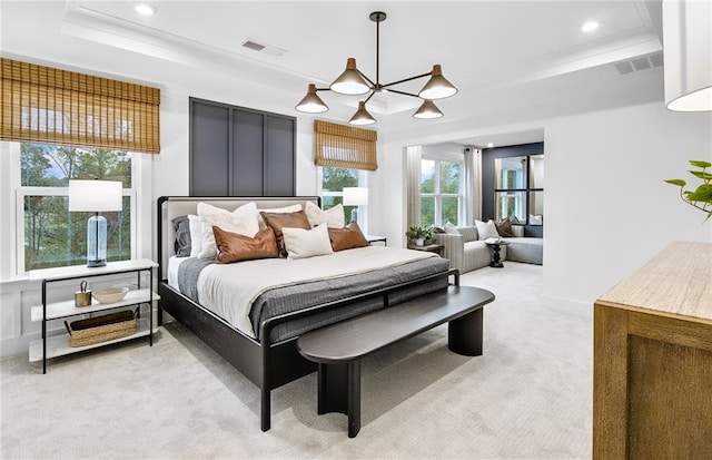 5230 Hyde Rd, Cumming, GA 30040 - bedroom featuring recessed lighting, a tray ceiling, visible vents, and light carpet