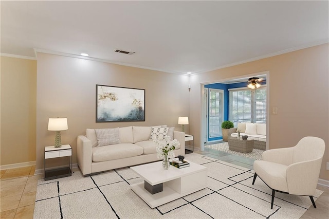 602 Country Park Dr SE, Smyrna, GA 30080 - living room with crown molding, baseboards, ceiling fan, recessed lighting, and light tile patterned flooring