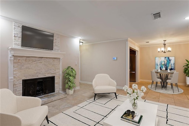 602 Country Park Dr SE, Smyrna, GA 30080 - living area with light tile patterned floors, a chandelier, ornamental molding, baseboards, and a stone fireplace