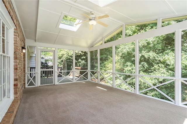 1703 W Nancy Creek Dr NE, Brookhaven, GA 30319 - unfurnished sunroom featuring a skylight, ceiling fan, vaulted ceiling, and healthy amount of natural light