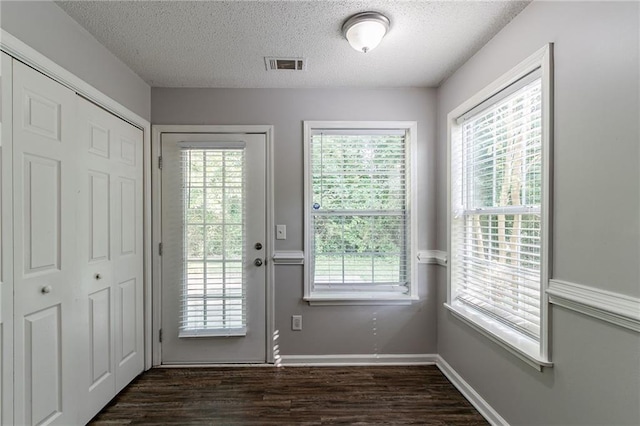 7384 Birch Hollow Pl, Douglasville, GA 30134 - doorway featuring dark wood-style floors, healthy amount of natural light, a textured ceiling, and baseboards