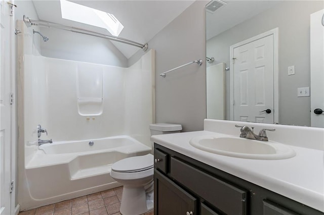 7384 Birch Hollow Pl, Douglasville, GA 30134 - full bath with toilet, bathing tub / shower combination, vanity, a skylight, and lofted ceiling