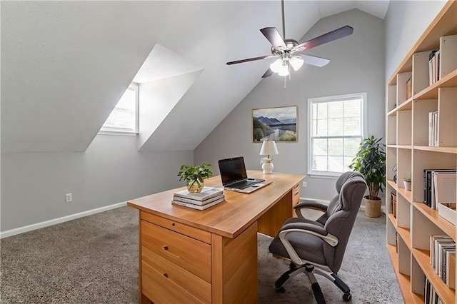7384 Birch Hollow Pl, Douglasville, GA 30134 - carpeted home office with lofted ceiling, baseboards, plenty of natural light, and a ceiling fan