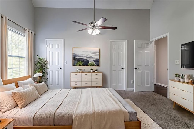 7384 Birch Hollow Pl, Douglasville, GA 30134 - bedroom featuring high vaulted ceiling, carpet flooring, two closets, and baseboards