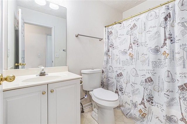 48 Savanna Ct, Powder Springs, GA 30127 - full bathroom featuring a textured ceiling, vanity, toilet, tile patterned floors, and curtained shower