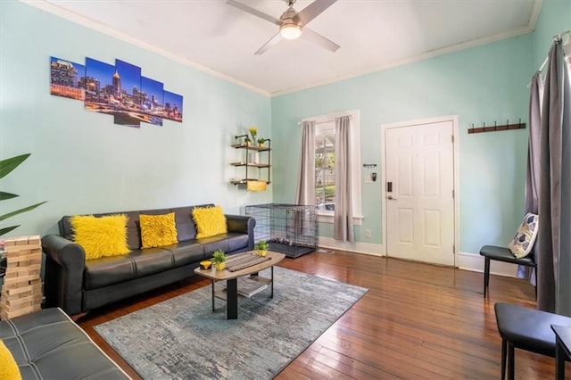 living room featuring ceiling fan, dark wood-type flooring, and ornamental molding