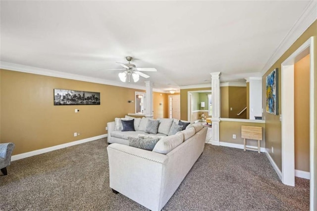 330 Pitts Chapel Rd, Newborn, GA 30056 - living room featuring decorative columns, baseboards, carpet floors, and crown molding