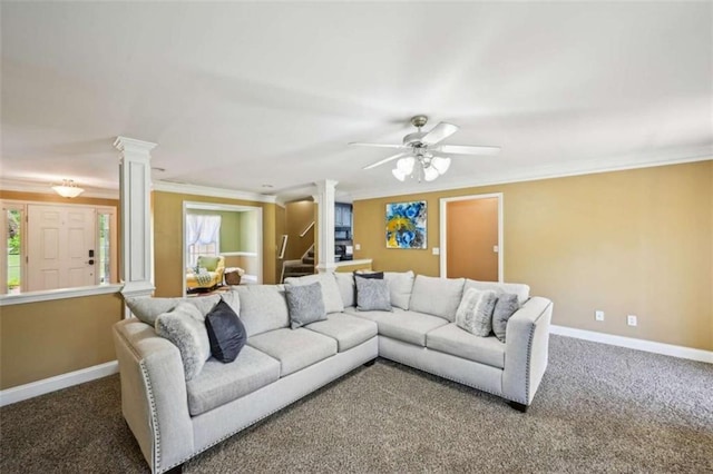 330 Pitts Chapel Rd, Newborn, GA 30056 - carpeted living area featuring decorative columns, baseboards, a ceiling fan, and crown molding