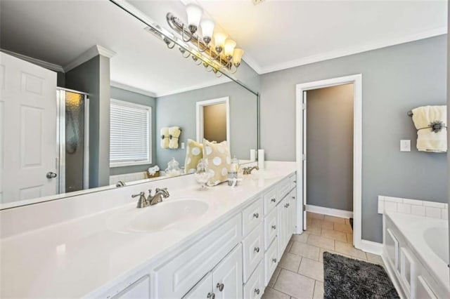 330 Pitts Chapel Rd, Newborn, GA 30056 - full bath with a sink, double vanity, tile patterned flooring, a garden tub, and ornamental molding