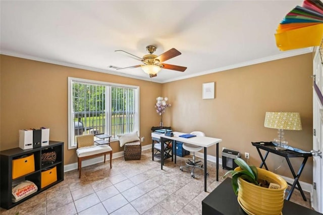 330 Pitts Chapel Rd, Newborn, GA 30056 - office space featuring a ceiling fan, crown molding, visible vents, and light tile patterned floors