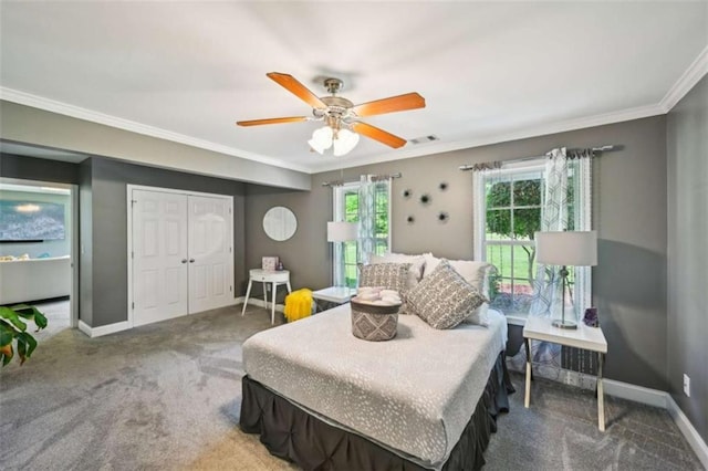 330 Pitts Chapel Rd, Newborn, GA 30056 - bedroom with visible vents, carpet flooring, a closet, and ornamental molding