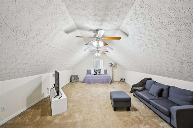 330 Pitts Chapel Rd, Newborn, GA 30056 - bedroom with carpet flooring, a textured ceiling, baseboards, lofted ceiling, and ceiling fan
