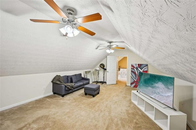 330 Pitts Chapel Rd, Newborn, GA 30056 - additional living space with a textured ceiling, baseboards, carpet, lofted ceiling, and a ceiling fan