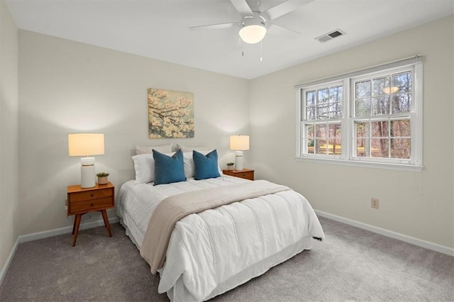 carpeted bedroom featuring ceiling fan