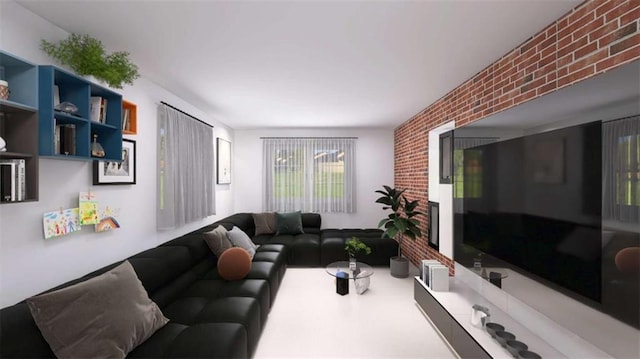 living area featuring brick wall