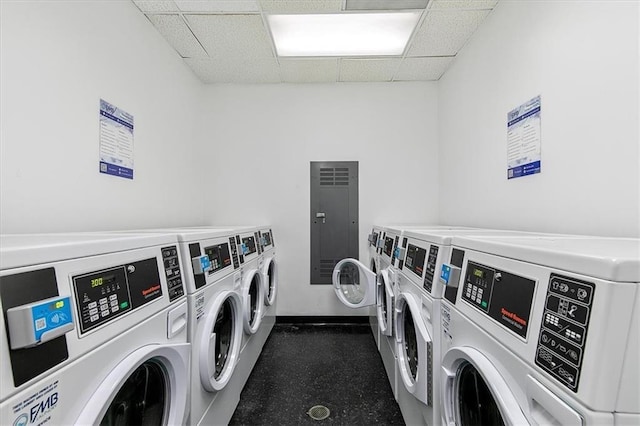 laundry area with electric panel and separate washer and dryer