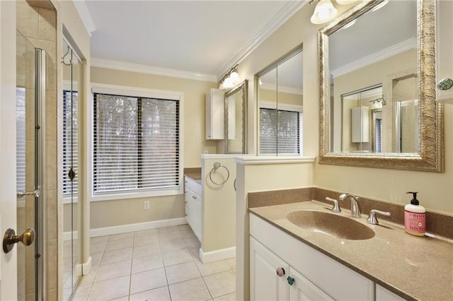 bathroom featuring tile patterned floors, walk in shower, vanity, and ornamental molding