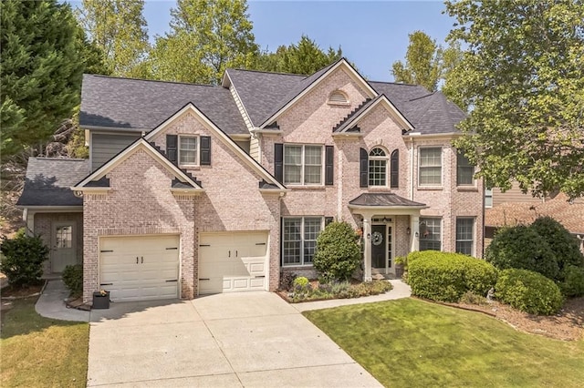 view of front of property with a garage and a front lawn